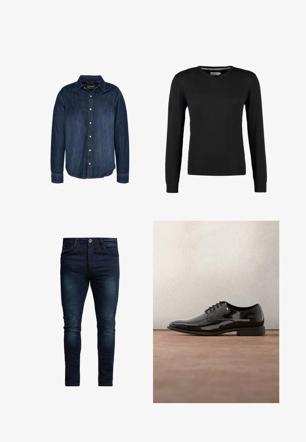 Sort, tætsiddende V-hals sweater med lange ærmer. Fremstillet af blødt strikstof, med ribbede manchetter og talje. Minimalistisk design.; Mørkeblå denimskjorte med knaplukning foran, lange ærmer, spids krave og kontrastsy detaljer.; Slim-fit mørkeblå denim jeans med en glat tekstur, fem-lomme design og subtil udvanding på lårene, med lynlås og knaplukning.; Sort lakeret dresssko med en afrundet tå, snørebåndsdesign og glat, skinnende overflade. Har en lavprofils gummisål.