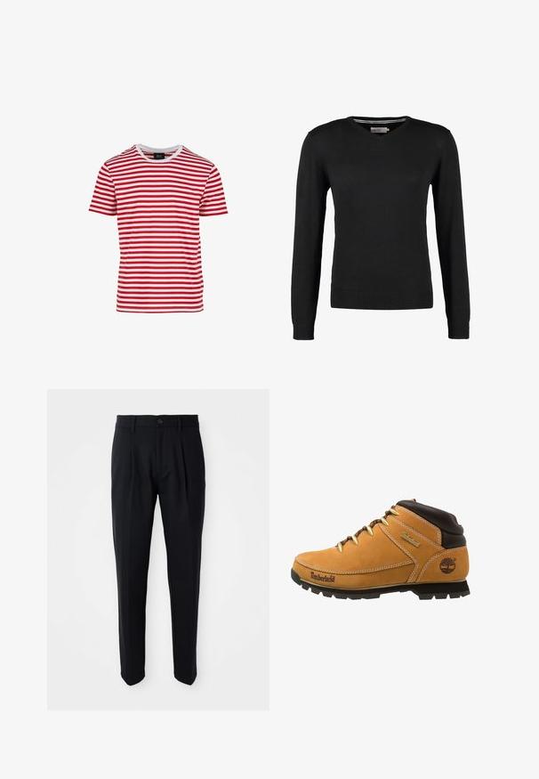 Sort, tætsiddende V-hals sweater med lange ærmer. Fremstillet af blødt strikstof, med ribbede manchetter og talje. Minimalistisk design.; Rød- og hvidstribet kortærmet t-shirt med rund hals, lavet af stof med en glat tekstur. Har jævne vandrette striber.; Sorte skræddersyede bukser med frontfald, knaplukning og bæltestropper, præsenteret på en hvid baggrund.; Brune og gule lædervandrestøvler med gummisål, metaløjer, polstret krave og Timberland-logo på siden.
