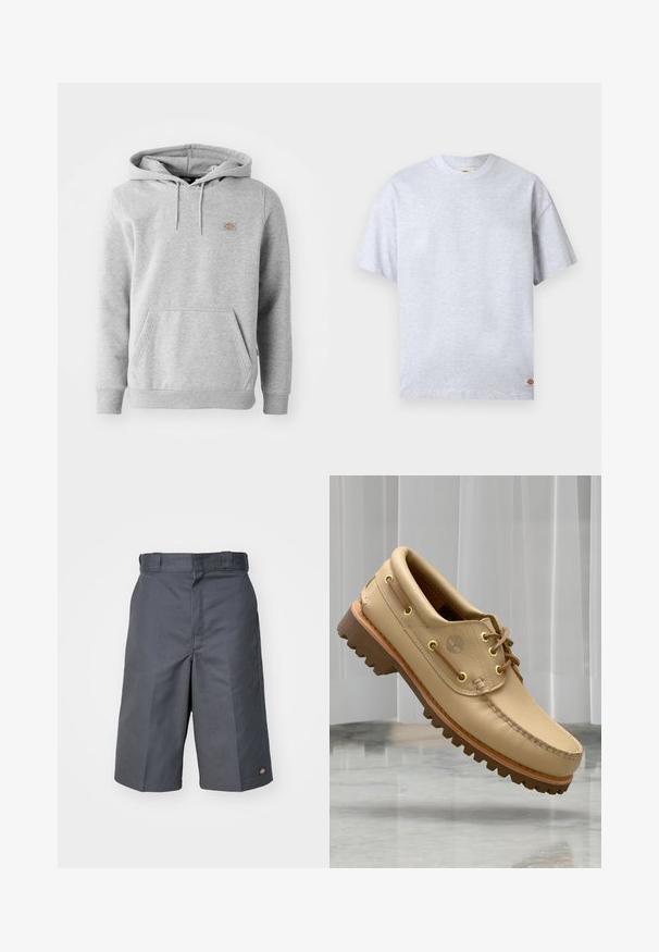 Sweatshirt à capuche gris en matière polaire, avec une poche frontale, des poignets côtelés et un petit logo sur la poitrine.; T-shirt gris clair uni à manches courtes avec un col rond, doté d'une petite étiquette logo rectangulaire en bas à droite de l'ourlet.; Shorts gris en tissu durable, dotés d'une coupe droite, de deux poches latérales et d'un petit logo sur la poche arrière.; Chaussure bateau en cuir marron clair avec semelle épaisse et striée et détails de lacets, flottant au-dessus d'un sol en marbre et d'un fond de stores verticaux blancs.