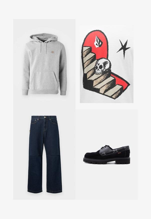 Grauer Kapuzenpullover aus Fleece-Material, mit einer Vorderseite-Tasche, gerippten Bündchen und einem kleinen Logo auf der Brust.; Weißes T-Shirt mit einer Grafik von Treppen und einem Schädel vor rotem Hintergrund mit schwarzen Akzenten und Details, die Tiefe und Textur betonen.; Dunkelblaue Denim-Jeans mit geraden Beinen, die ein klassisches Fünf-Taschen-Design, kontrastierende Nähte und ein kleines farbiges Etikett an der Seite aufweisen.; Schwarzer Bootsschuh aus Leder und Wildleder mit dicker Profilsohle, Schnürösen und Seitennaht auf hellem Hintergrund.