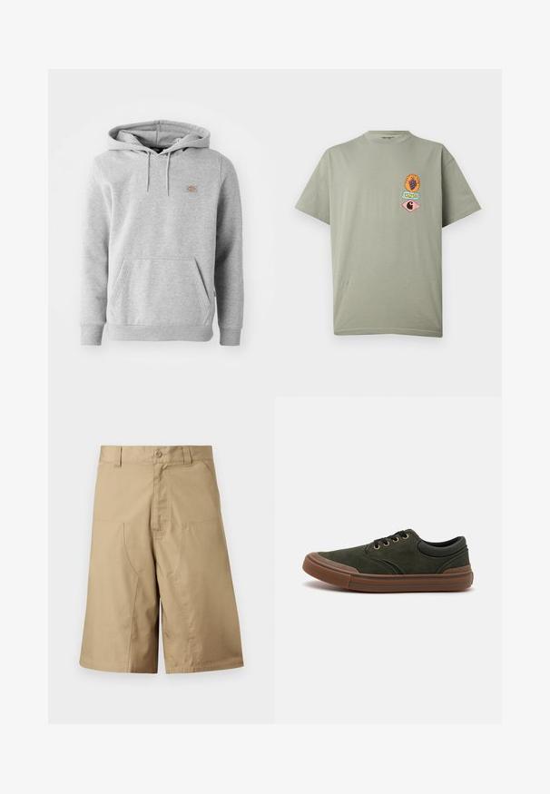Sweatshirt à capuche gris en matière polaire, avec une poche frontale, des poignets côtelés et un petit logo sur la poitrine.; T-shirt gris clair à manches courtes avec trois petits patches graphiques colorés sur la poitrine gauche, comprenant des grappes de raisin et les logos Carhartt.; Shorts kaki à coupe droite, confectionnés dans un tissu léger, dotés de deux poches avant et d'une fermeture par bouton à la taille.; Baskets en daim vert foncé avec semelle en caoutchouc, bout rond, lacets noirs et œillets dorés. Présente une finition texturée et un talon renforcé.