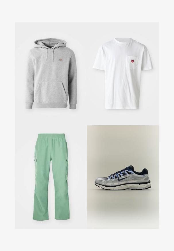 Sweatshirt à capuche gris en matière polaire, avec une poche frontale, des poignets côtelés et un petit logo sur la poitrine.; T-shirt en coton blanc avec un col rond et des manches courtes. Présente un petit logo en forme de cœur rouge sur la poche gauche de la poitrine.; Pantalons cargo vert clair avec une taille élastique, fabriqués à partir d'un tissu lisse, comportant deux poches latérales et une coupe droite.; Chaussure de running Nike gris clair et noire avec des accents bleus, semelle blanche et texte "P-6000" sur le côté du talon.