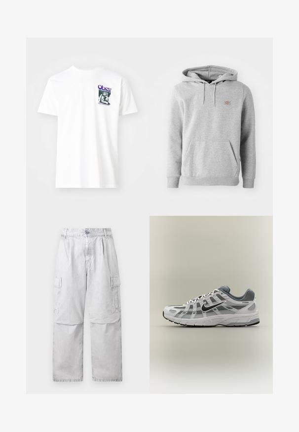 Grå hættebluse i fleece-materiale med en frontlomme, ribbede ærmer og et lille logo på brystet.; Hvid bomulds t-shirt med et grafisk print i lilla, der viser en siddende figur med teksten "Obey" og "Stop Worry Now!" i sort.; Lysegrå cargobukser med knap- og lynlåslukning, sidelommer med klap og lige ben.; Hvid og grå Nike P-6000 sneaker med sort swoosh, meshpaneler og tekstureret sål, vist i sideprofil på neutral baggrund.
