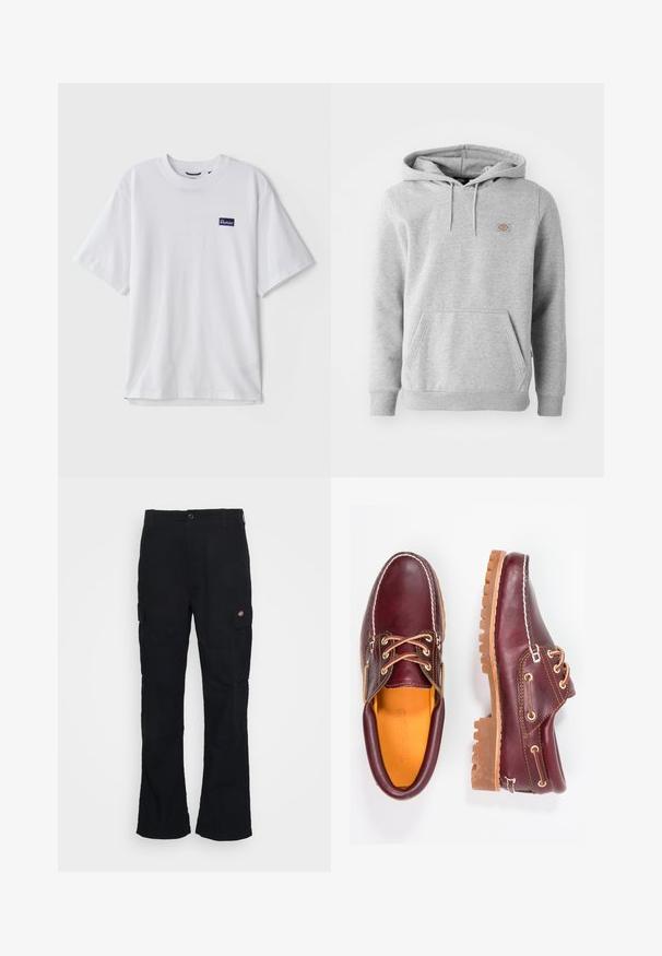 Sudadera con capucha gris de material de felpa, con un bolsillo frontal, puños acanalados y un pequeño logo en el pecho.; Camiseta de algodón blanca con cuello redondo, mangas cortas y un parche rectangular de logo azul marino en el área del pecho izquierdo.; Pantalones cargo negros con un diseño de pierna recta, hechos de tela duradera, con bolsillos laterales y un logo de parche en el lado izquierdo.; Zapatos de cuero burdeos con suelas de goma marrón, puntera redonda, costuras blancas y ojales dorados. El interior cuenta con un forro amarillo.
