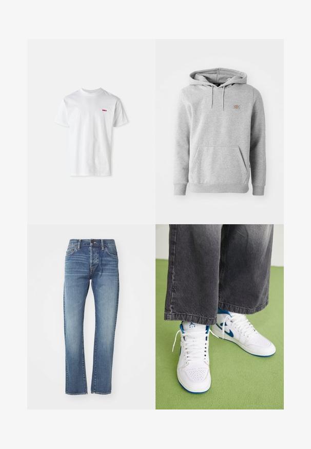 Grå hættebluse i fleece-materiale med en frontlomme, ribbede ærmer og et lille logo på brystet.; Hvid bomulds tshirt med rund hals og korte ærmer, prydet med et lille rødt "OBEY" logo på venstre bryst.; Blå denimjeans med lige snit, der har en medium vask, fem lommer og subtil falmning. Inkluderer et klassisk beltsøm og bæltestropper.; Hvide højtop sneakers med blå accenter, perforeret tå boks og hvide snørebånd. Båret med løse grå denim bukser på en grøn overflade.