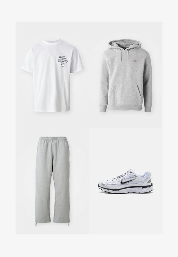 Grijze hooded sweatshirt van fleecemateriaal, met een voorzak, geribde manchetten en een klein logo op de borst.; Witte katoenen t-shirt met korte mouwen, ronde hals en een grafische print met de tekst "Carhartt WIP" en een voedselillustratie op de borst.; Grijze sweatpants met een elastische tailleband, rechte pijpen en trekkoordaccenten aan de zoom. Gemaakt van zachte, gestructureerde stof.; Witte hardloopschoen met een bovenkant van mesh, ronde neus, zwarte accenten en een geëtst zool. Kenmerken van veters en branding aan de zijkant.