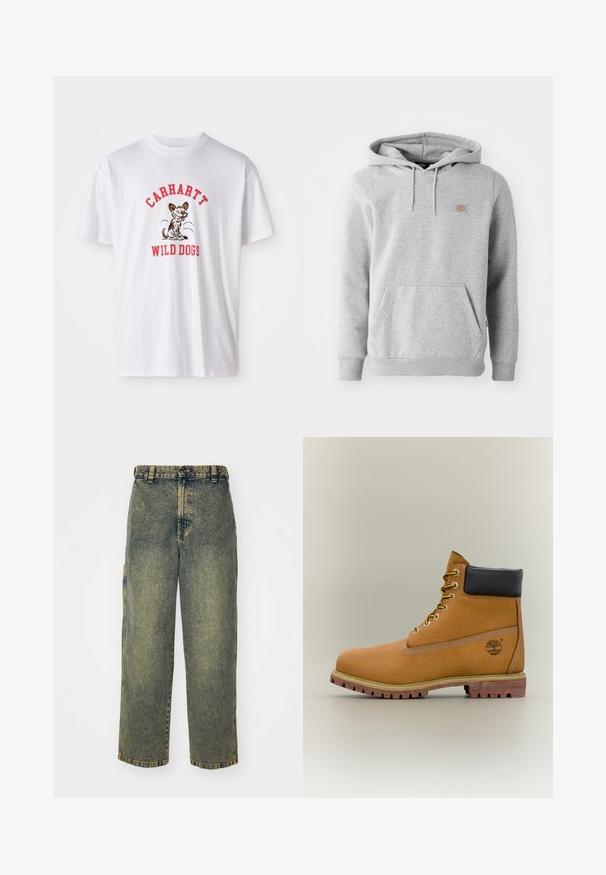 Grå hættebluse i fleece-materiale med en frontlomme, ribbede ærmer og et lille logo på brystet.; Hvid bomulds t-shirt med røde broderede tekst "CARHARTT WILD DOGS" og en tegneseriehund grafik foran. Korte ærmer, rund halsudskæring.; Slidse denim jeans i en falmet blå og grøn vask. Har en knaplukning, bælteløkker og sidelommer. Flad front og lige ben-design.; Brun læderankelstøvle med sort krave, gule snørebånd og tanfarvet sål. Har logo og hvide syninger som detalje. Robust ydersål med greb.