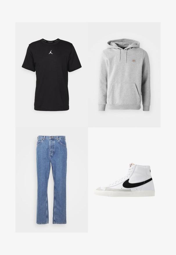 Grijze hooded sweatshirt van fleecemateriaal, met een voorzak, geribde manchetten en een klein logo op de borst.; Zwarte katoenen t-shirt met korte mouwen, ronde hals, voorzien van een witte Jumpman-logo op de borst en een gladde, lichte textuur.; Blauwe denim jeans met een rechte pasvorm, vijf zakken, riemlussen en een knoopsluiting. De stof heeft een zachte, gestructureerde afwerking.; Witte hoge sneakers met een zwarte swoosh, textuur grijze neus en een vlakke witte zool. Kenmerkt zes veteropeningen en gestikte accenten.