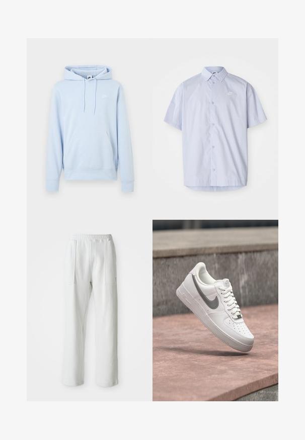 Hoodie Nike bleu clair avec poche kangourou à l'avant, capuche avec cordon de serrage, et petit logo blanc Nike sur la poitrine gauche.; Chemise légère bleu clair à manches courtes en tissu lisse, avec un design à boutons et un petit logo Nike blanc sur la poitrine.; Pantalons blancs décontractés avec une taille élastique et de grandes poches avant, présentés sur un fond clair et uni.; Baskets blanches Nike Air Force 1 avec logo swoosh gris flottant au-dessus d'une surface en pierre et un mur en pierre gris en arrière-plan.