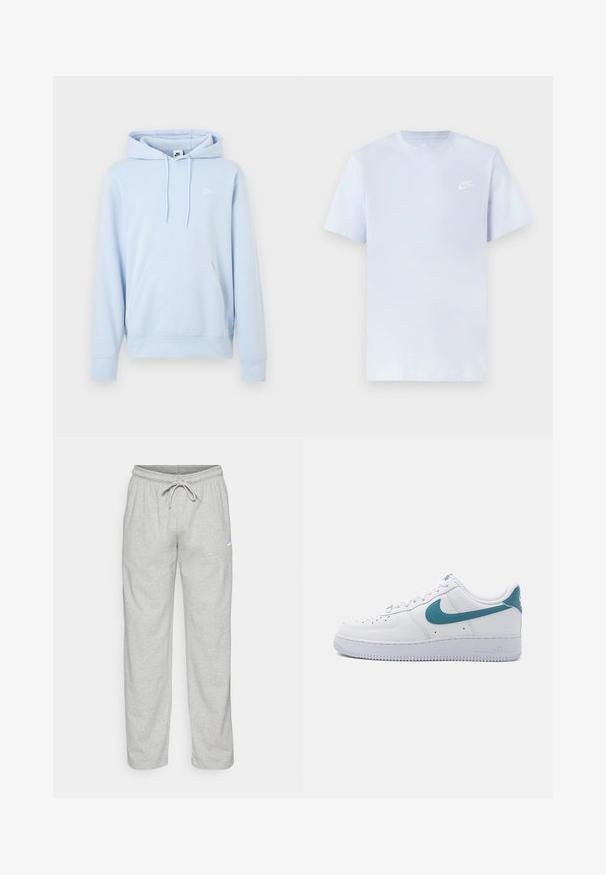Világoskék Nike kapucnis pulóver elöl kenguruzsebbel, húzózsinóros kapucnival, és kis fehér Nike logóval a bal mellrészen.; Világoskék pamut póló rövid ujjal, kerek nyakkivágással és fehér Nike logóval a bal mellen. Sima textúra, egyszerű dizájn.; Világosszürke, puha anyagú melegítőnadrág. Rugalmas dereka húzózsinórral van ellátva, és a bal combon fekete Nike logó található.; Nike Sportswear AIR FORCE ESSENTIAL - Sportcipő - white/smokey blue
