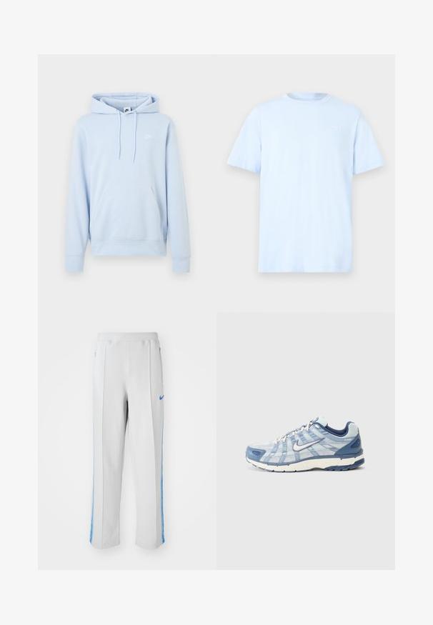 Vaaleansininen Nike-huppari, jossa on etukangaroo-tasku, kiristysnauhallinen huppu ja pieni valkoinen Nike-logo vasemmassa rinnassa.; Vaaleansininen puuvillainen t-paita, jossa on lyhyet hihat, pyöreä pääntie ja hillitty valkoinen logo vasemman rinnan yläosassa. Sileä pinta.; Vaaleanharmaat urheiluhousut, joissa on siniset sivujuovat. Rento malli, elastinen vyötärö ja vetoketjulliset taskut. Nike-logo edessä.; Vaaleansininen urheilujalkine, jossa on kerroksellinen verkko- ja synteettinen materiaali, valkoinen pohja, tummansiniset korostukset ja brändäys sivulla.