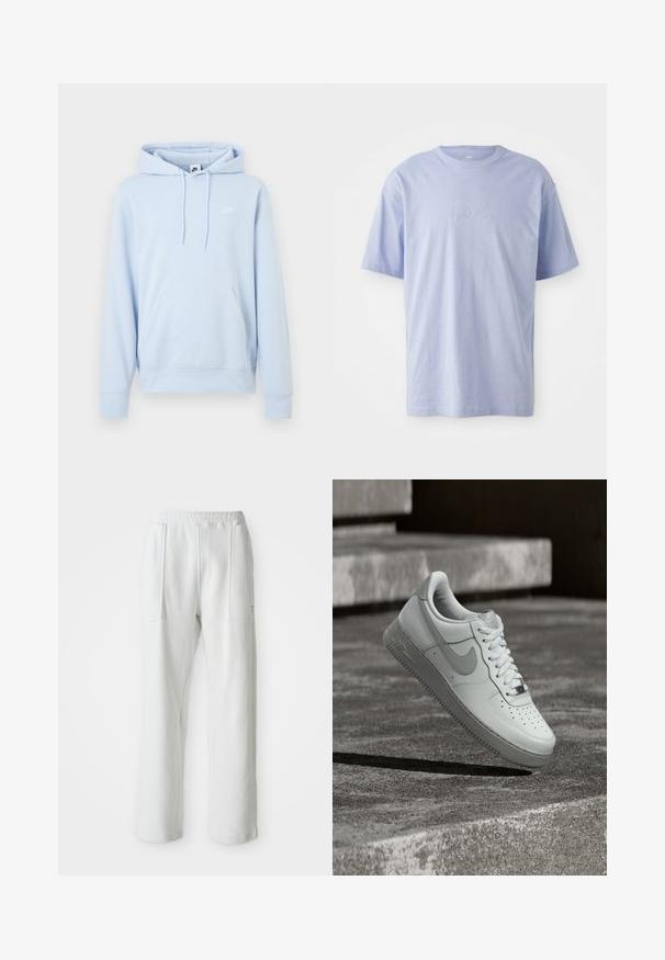 Lyseblå Nike-hoodie med forreste kængurulomme, snøretrækshætte og lille hvid Nike-logo på venstre bryst.; Lysblå bomulds T-shirt med rund halsudskæring og korte ærmer. Har et præget "nike" logo i midten foran. Blød tekstur.; Hvide afslappede bukser med en elastisk talje og store forreste lommer, vist på en ensfarvet lys baggrund.; Hvid Nike Air Force 1 sneaker, der svæver over en tekstureret betongulv med stenetrin i baggrunden.