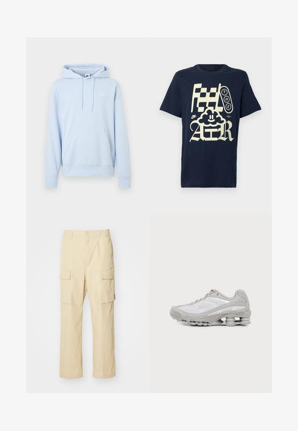 Sudadera con capucha Nike azul celeste, con bolsillo frontal tipo canguro, capucha con cordón ajustable y pequeño logo blanco de Nike en el pecho izquierdo.; Camiseta de algodón azul marino con un texto gráfico en crema llamativo que dice: "Feel THE AIR", diseño de nube caprichosa y logo de Nike cerca del dobladillo.; Pantalones cargo beige hechos de tela con cinturilla elástica y cierre de botón. Presenta dos bolsillos laterales y un diseño simple.; Zapatilla deportiva gris y blanca con suela visible de amortiguación de aire y paneles de malla, mostrada de perfil sobre un fondo claro y sencillo.