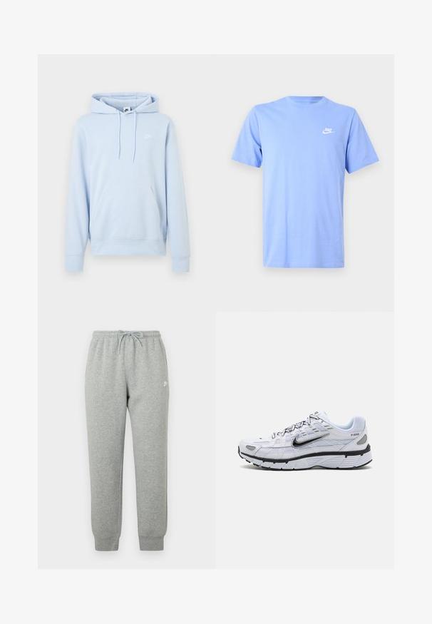 Lyseblå Nike-hoodie med forreste kængurulomme, snøretrækshætte og lille hvid Nike-logo på venstre bryst.; Lyseblå bomulds T-shirt med korte ærmer, rund halsudskæring og et lille hvidt Nike-logo på venstre bryst. Glat tekstur, afslappet design.; Grå joggingbukser lavet af blødt stof, med elastisk talje med snøre, tilspidsede ben og en lille hvid logo på siden.; Hvide løbesko med mesh-overdel, rund tå, sorte accenter og mønstret sål. Har snøring og branding på siden.