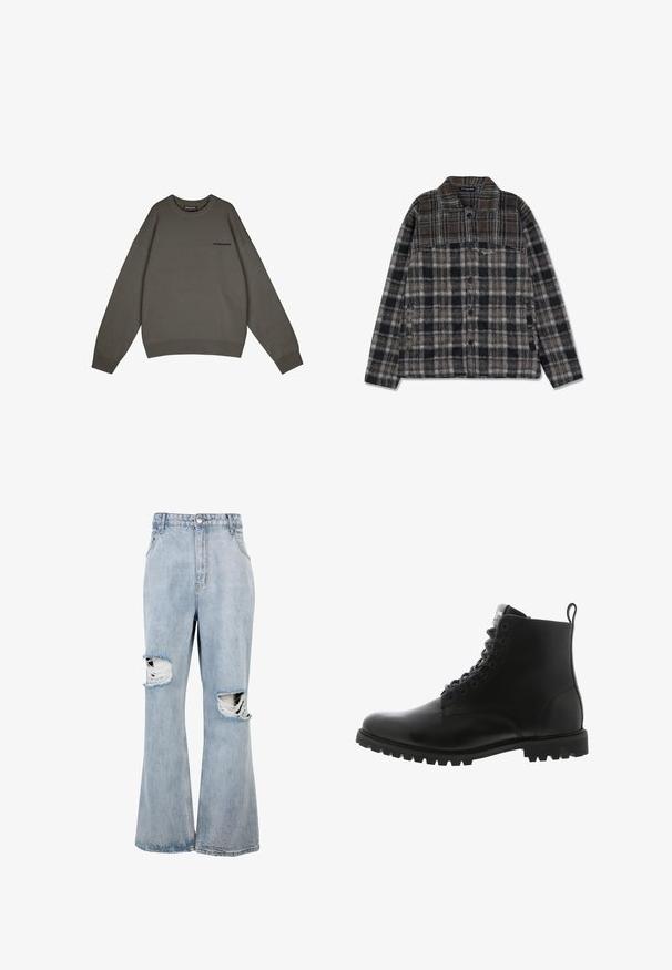 Pegador LOGO - Strickpullover - anthracite; Kariertes Flanellhemd-Jacke in erdigen Tönen von Braun, Schwarz und Grau, mit Knopfverschluss, zwei seitlichen Taschen und einer weichen Textur.; Hellblaue Jeans aus Denim mit hoher Taille, weitem Bein und auffälligen, stark ausgefransten Löchern auf beiden Knien, mit ausgefransten Rändern um die Risse.; Schwarze Leder-Ankle-Boots mit runder Zehenform, Schnürung vorne, robustem Außensohle und einer Schlaufe auf der Rückseite für einfaches An- und Ausziehen.