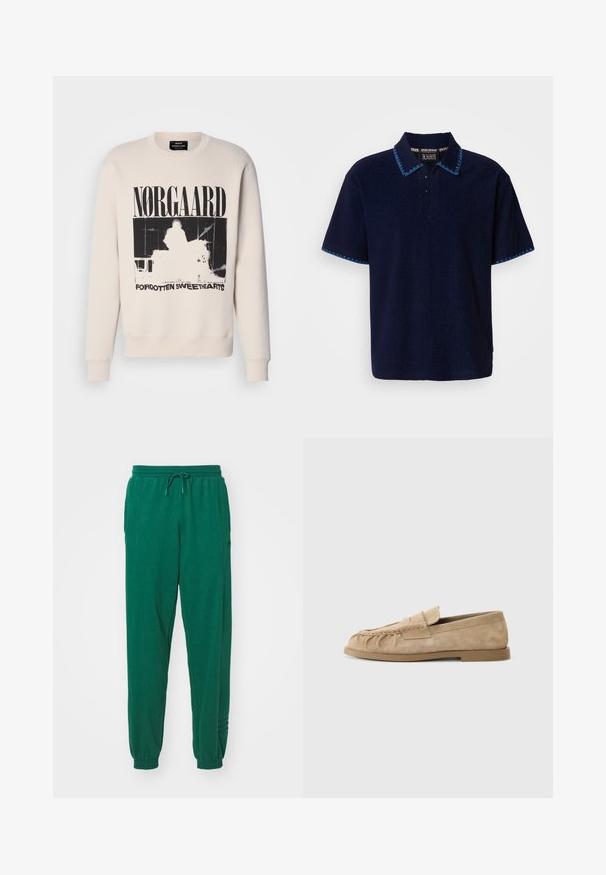 Lys beige sweatshirt med et sort grafisk print af en figur samt teksten "NORGAAARD" og "FORGOTTEN SWEETHEARTS." Rund halsudskæring, lange ærmer.; Marineblå kortærmet polotrøje lavet af blødt stof, med en kontrasterende blå mønstret krave og manchetter samt fire knapper i halsudskæringen.; Grønne bomuldsjoggers med snøre i taljen, elastiske manchetter og sidelommer. Stoffet ser blødt ud med en glat overflade.; Beige ruskinds slip-on loafers med en sammenfoldet design, udstyret med en flad sål og en dekorativ rem over vristen. Glat tekstur.