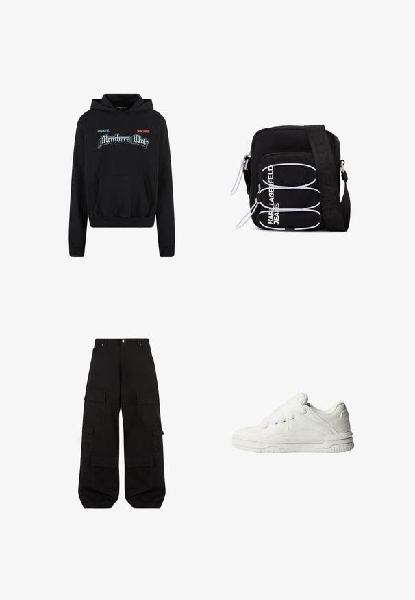 Schwarzer Kapuzenpulli mit Fronttasche; mit den Aufschriften "Members Only" und "Upscale St." in Weiß und Rot; aus Baumwollmaterial; mit gerippten Bündchen und Saum.; Schwarze Cargo-Hosen aus strapazierfähiger Baumwolle mit lockerer Passform. Verfügt über mehrere Utility-Taschen und ein gerades Bein Design.; Weiße Sneaker mit glattem Lederobermaterial, gepolstertem Zungenbereich, flachen Schnürsenkeln und strukturierten Akzenten an den Seiten und der Ferse.; Schwarze Umhängetasche mit weißen elastischen Schlaufen, Reißverschlüssen und weißem "KARL LAGERFELD JEANS"-Schriftzug auf der Vorderseite.