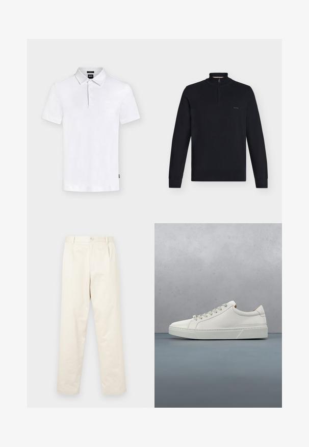 Jersey de punto negro de manga larga con cuello con cremallera hasta la mitad, puños y bajo acanalados, y pequeño logo "BOSS" en el lado izquierdo del pecho.; Polo blanco de manga corta con cuello y tres botones, con un sutil logo "BOSS" en el pecho y una pequeña etiqueta en el lateral.; Chinos de algodón color beige claro con un diseño de pierna recta, que presentan un cierre de botón y dos bolsillos laterales. Textura suave sin patrones visibles.; Zapatilla blanca de cuero con punta redondeada, diseño minimalista, cordones grises y suela de goma texturizada gris. Detalles de costura sutiles visibles.