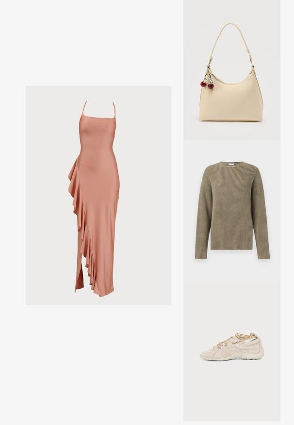 Strikket sweater i beige med ribstrikket tekstur, lange ærmer, rund halsudskæring og afslappet pasform.; Lang, ærmeløs kjole i blødt ferskenfarvet stof. Har en tætsiddende overdel og sidenederste rynker, der kaskader ned til en slids i kanten. Glat tekstur.; Lysebeige tekstureret afslappet sneaker med matchende snørebånd, sidelægning og en hvid gummi sål mod en ensfarvet baggrund.; Kremfarvet håndtaske med tekstureret overflade, enkelt skulderrem og lynlåsvedhæng formet som et kirsebær på ensfarvet baggrund.