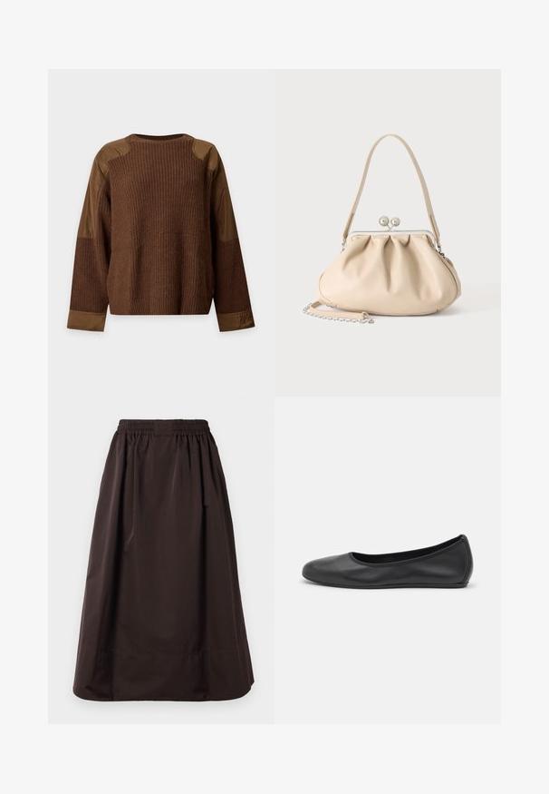 Pull en maille marron à manches longues avec des patchs en tissu marron sur les épaules, les avant-bras et les poignets sur fond blanc.; Jupe midi marron avec taille élastique et large ourlet, fabriquée en tissu lisse avec des plis subtils sous la taille.; Ballerines en cuir noir avec un bout rond, texture lisse, détails de couture minimalistes et design de semelle flexible.; Sac à main en cuir souple beige avec un fermoir en métal argenté, une bandoulière simple et une bandoulière chaîne optionnelle sur fond blanc.