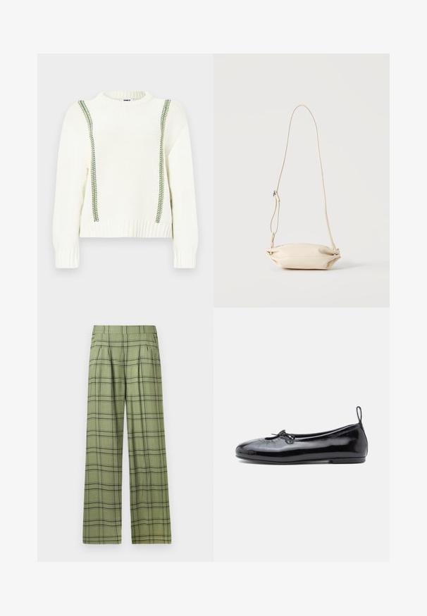 Witte gebreide trui met groene stikselaccenten langs de schouders en zijkanten, met een geribde zoom en manchetten. Gezellig, casual ontwerp.; Groene wijde broek met een zwart plaid patroon en een hoge tailleband, voorplooien en zijzakken.; Zwarte gepoetste leren balletschoenen met een ronde neus, een klein strikje en een gladde textuur; heeft een lage platte zool en een lusje aan de hiel.; Kleine beige leren crossbody tas met verstelbare riem, getoond tegen een effen lichte achtergrond.