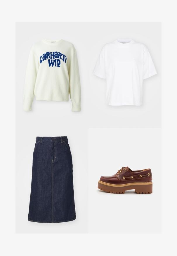 Witte gebreide trui met een blauwe pluizige "Carhartt WIP" logo over de borst. Ribgebreide manchetten en zoom, casual fit, zachte textuur.; Witte katoenen t-shirt met een ronde hals, korte mouwen en een ontspannen pasvorm. Heeft een subtiel logo op het linkerborstgedeelte. Zachte textuur.; Donkere spijkerrok met een hoge taille, recht gesneden, voorzakken en gestikte naden. Voorzien van een rits en knoopsluiting op de taille.; Bruine leren botenschoenen met een stevige bruine rubberen zool, gouden ogen en contraststiksels. Heeft een logo aan de zijkant.