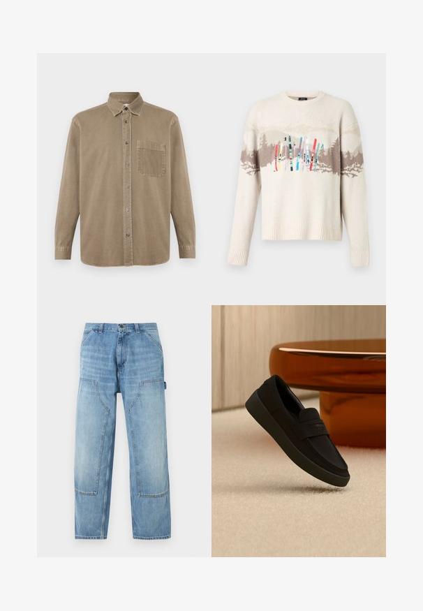 Cremefarbener Strickpullover mit braunem Berg- und Waldmuster und bunten bestickten Skiern über der Brust.; CLOSED FORMAL ARMY SHIRT - Hemd - rock beige; Hellblaue Jeans-Zimmermannshose mit großen aufgesetzten Taschen vorne und einer Hammerschlaufe auf der rechten Seite, gerade geschnittener Beinverlauf.; Schwarzer Slipper mit dicker Sohle, der über einem beigen Teppich schwebt, mit einem modernen braunen runden Tisch im Hintergrund.