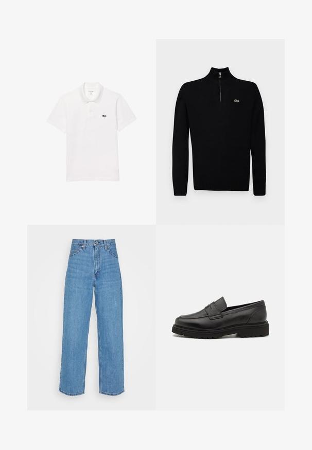 Suéter ligero negro con cuello de media cremallera, con puños y dobladillo acanalados, que presenta un pequeño logo verde en el pecho.; Camisa polo blanca de algodón, con un cuello estándar, mangas cortas y un pequeño logo en azul marino en el lado izquierdo del pecho.; Jeans de mezclilla de color azul claro con una cintura alta y un corte de pierna ancha. Las características incluyen cinco bolsillos, cierre de botón de metal y un dobladillo recto.; Mocasín de cuero negro con punta redonda, detalles de costura y suela gruesa y texturizada. Presenta un diseño elegante y minimalista.