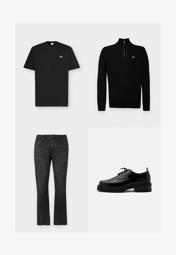 Sort letvægts sweater med halv-zip krave, ribbede manchetter og kant, med et lille grønt logo på brystet.; Sort kortærmet crew neck t-shirt med et lille grønt krokodil-logo på venstre bryst på en lysegrå baggrund.; Sorte flared jeans i denim, med et klassisk femlommesdesign, synede sømme og en lukning med knap i taljen.; Sort poleret læder snørestøvle med tyk gummisål og lav hæl, sideskilt med mærketekst "SAMSOE" og bageste træksnor.