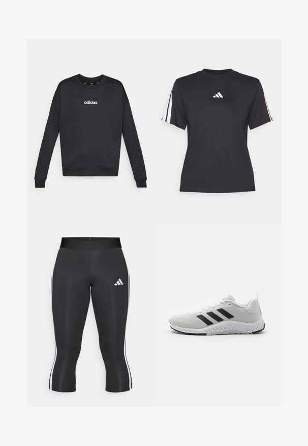 Μαύρη Adidas μπλούζα με μακριά μανίκια, στρογγυλή λαιμόκοψη και λευκό λογότυπο στο στήθος. Φτιαγμένη από μαλακό υλικό με ραμμένα μανίκια και στρίφωμα.; Μαύρο αθλητικό μπλουζάκι φτιαγμένο από μαλακό ύφασμα, με στρογγυλή λαιμόκοψη, κοντά μανίκια και τρεις λευκές ρίγες σε κάθε ώμο. Λευκό λογότυπο στο στήθος.; Μαύρο κολάν καπρί με φαρδύ λάστιχο, διαθέτοντας λευκές κάθετες ρίγες στα πλάγια και το λογότυπο της Adidas σε λευκό χρώμα στο αριστερό μηρό. Λείος υφασμάτινος ιστός.; Λευκό αθλητικό παπούτσι με μαύρες ρίγες, πλέγμα επάνω μέρος, καουτσούκ σόλα και υφές. Διαθέτει στρογγυλή μύτη και επενδεδυμένο κολάρο.