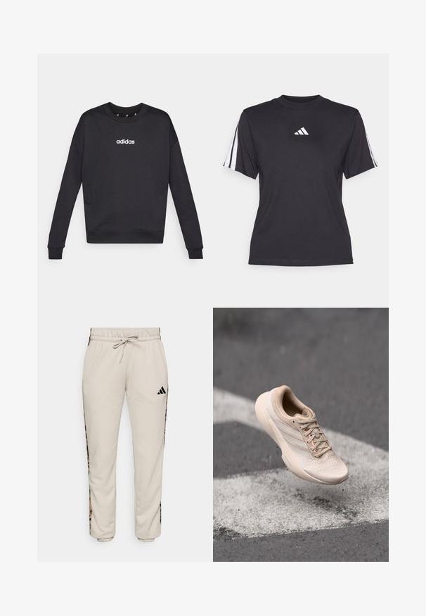 Čierna mikina Adidas s dlhými rukávmi, okrúhlym výstrihom a bielym logom na hrudi. Vyrobená z jemnej látky s ryhami na manžetách a spodnom leme.; Čierne športové tričko vyrobené z mäkkého materiálu, s klasickým okrúhlym výstrihom, krátkymi rukávmi a tromi bielymi pruhmi na každom ramene. Biely logo na hrudi.; Svetlobéžové tepláky vyrobené z mäkkej tkaniny, s pásom na šnúrku a čiernymi bočnými panelmi s leopardím vzorom.; Béžová športová obuv s textúrovaným zvrškom, hladkou podrážkou a ružovkastými akcentmi. Obsahuje perforácie pre priedušnosť a ploché šnúrky.