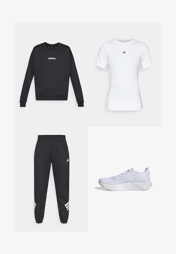 Čierna mikina Adidas s dlhými rukávmi, okrúhlym výstrihom a bielym logom na hrudi. Vyrobená z jemnej látky s ryhami na manžetách a spodnom leme.; Biela športová tričko s krátkymi rukávmi, vyrobené z hladkej, elastickej tkaniny. Obsahuje malé čierne logo Adidas na hrudi.; Čierne tepláky s elastickým pásom, zúženými nohavicami a bielym trojprúžkovým dizajnom po stranách. Vyrobené z mäkkej tkaniny.; Biele atletické topánky s priedušným sieťovým zvrškom, šnurovací dizajn, polstrovaný golier a textúrovaná gumová podrážka pre trakciu.