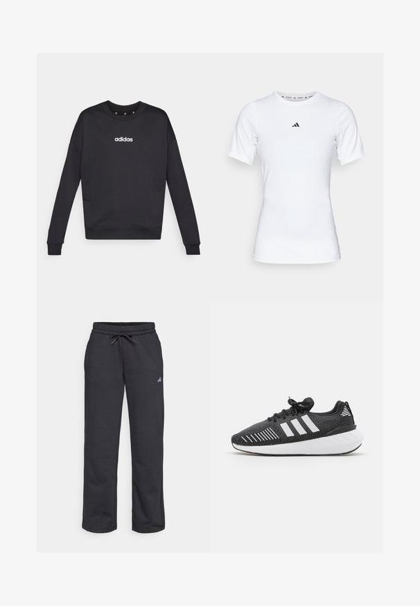 Čierna mikina Adidas s dlhými rukávmi, okrúhlym výstrihom a bielym logom na hrudi. Vyrobená z jemnej látky s ryhami na manžetách a spodnom leme.; Biela športová tričko s krátkymi rukávmi, vyrobené z hladkej, elastickej tkaniny. Obsahuje malé čierne logo Adidas na hrudi.; Čierne tepláky z mäkkého materiálu s elastickým pásom, šnúrkou a malým logom na ľavej nohe.; Čierne športové topánky s textúrovaným zvrškom, bielym trojprúžkovým dizajnom, gumovou podrážkou a kontrastnými bielymi akcentmi na päte.