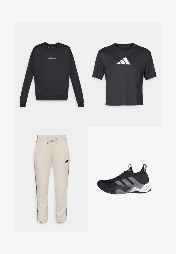 Musta Adidas-huppari pitkillä hihoilla, pyöreällä kaula-aukolla ja valkoisella logolla rinnassa. Valmistettu pehmeästä kankaasta, jossa on ribattu hihansuut ja helma.; Mustan lyhythihainen crop-toppimekko, joka on valmistettu sileästä kankaasta. Siinä on valkoinen Adidas-logo rinnassa, pyöreä kaula-aukko ja lyhyet hihat.; Hupparusikka vaaleanbeige, pehmeästä kankaasta valmistettu, jossa on naru vyötäröllä ja mustat sivupaneelit, joissa on leopardikuosis. ; Musta urheilukenkä, jossa on hengittävä verkko-yläosa, harmaat yksityiskohdat, teksturoitu pohja ja kolme erottuvaa raitaa sivussa.