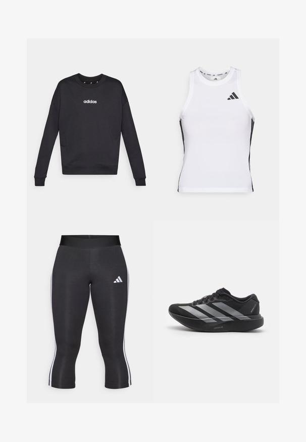 Čierna mikina Adidas s dlhými rukávmi, okrúhlym výstrihom a bielym logom na hrudi. Vyrobená z jemnej látky s ryhami na manžetách a spodnom leme.; Biely športový tielko s čiernymi bočnými akcentami a logom. Má výstrih v tvare lode a priliehavý strih, vyrobené z ľahkého, priedušného materiálu.; Čierne capri legíny s širokým pásom, so bielymi bočnými pruhmi a bielym logom Adidas na ľavom stehne. Hladká textúra.; Čierne bežecké topánky so striebornými pruhmi, s hrubou polstrovanou podrážkou označenou "Lightstrike Pro," bočný pohľad na bielom pozadí.