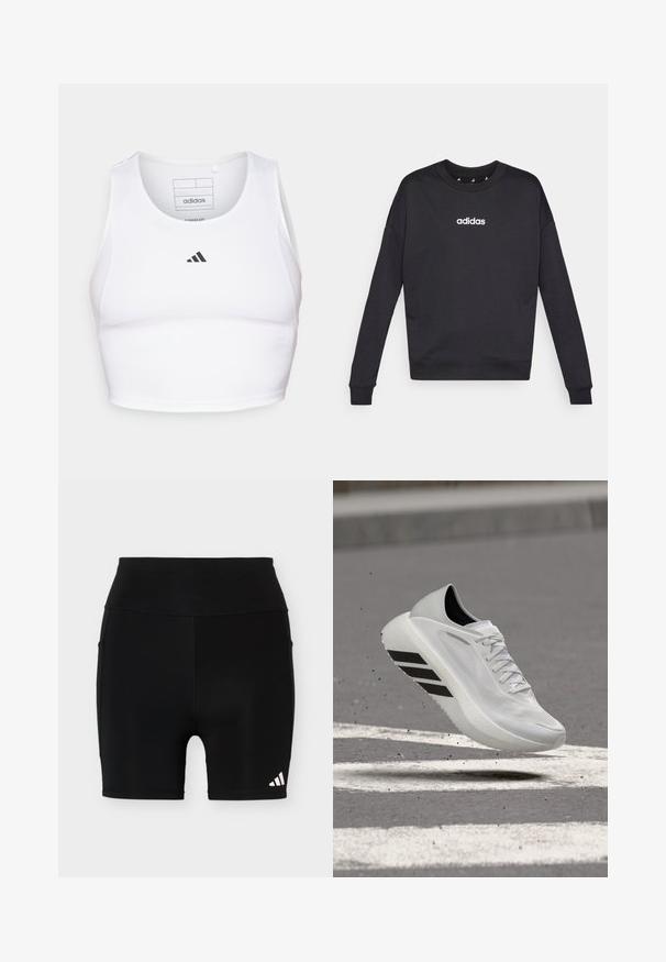 Μαύρη Adidas μπλούζα με μακριά μανίκια, στρογγυλή λαιμόκοψη και λευκό λογότυπο στο στήθος. Φτιαγμένη από μαλακό υλικό με ραμμένα μανίκια και στρίφωμα.; Άσπρο αθλητικό crop top από ελαφρύ, αναπνεύσιμο ύφασμα. Διαθέτει δικτυωτές πλευρικές πάνελ και μαύρο κεντητό λογότυπο στο στήθος.; Μαύρο αθλητικό σορτς με ψηλή μέση, με μικρό λευκό λογότυπο Adidas στο κάτω αριστερό πόδι και πλαϊνές τσέπες σε απλό φόντο.; Λευκό αθλητικό παπούτσι με μαύρες ρίγες, στον αέρα πάνω από δρόμο από άσφαλτο με λευκές σηματοδοσίες, με μικρά θραύσματα σκορπισμένα γύρω.
