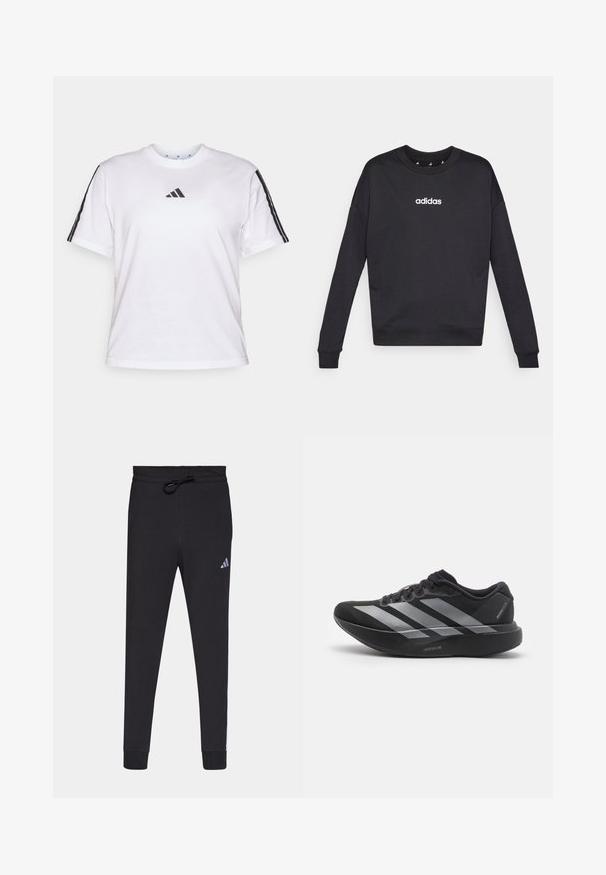 Čierna mikina Adidas s dlhými rukávmi, okrúhlym výstrihom a bielym logom na hrudi. Vyrobená z jemnej látky s ryhami na manžetách a spodnom leme.; Biela bavlnená tričko s okrúhlym výstrihom, krátkymi rukávmi a čiernymi trojprúžkovými akcentmi na pleciach so značkou Adidas na hrudi.; Čierne športové nohavice vyrobené z mäkkej tkaniny, s nastaviteľným pásom, zúženými nohavicami a malým bielym logom Adidas na ľavom stehne.; Čierne bežecké topánky so striebornými pruhmi, s hrubou polstrovanou podrážkou označenou "Lightstrike Pro," bočný pohľad na bielom pozadí.