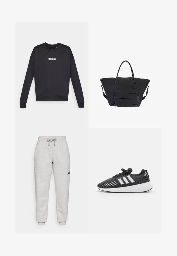Čierna mikina Adidas s dlhými rukávmi, okrúhlym výstrihom a bielym logom na hrudi. Vyrobená z jemnej látky s ryhami na manžetách a spodnom leme.; Svetlo šedé tepláky s elastickým pásom a šnúrkou. Manžety na členkoch. Čierny logotyp na ľavej nohe. Mäkký bavlnený materiál.; Čierne športové topánky s textúrovaným zvrškom, bielym trojprúžkovým dizajnom, gumovou podrážkou a kontrastnými bielymi akcentmi na päte.; Čierna veľká taška tote s dvojitými rukoväťami, predným vreckom na zips a odnímateľným ramenným popruhom na bielom pozadí.