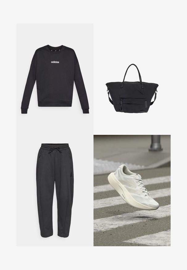 Zwarte Adidas sweatshirt met lange mouwen, ronde hals en wit logo op de borst. Gemaakt van zachte stof met geribbelde manchetten en zoom.; Zwarte sportbroeken met een elastische tailleband, trekkoord, zijzakken met rits en taps toelopende benen. Gemaakt van een zachte, gestructureerde stof.; Witte sportschoen in de lucht boven een voetgangersoversteekplaats op een grijze asfaltweg met kleine stukjes vuil verspreid eronder.; Zwarte grote tote tas met dubbele handvatten, voorvak met ritssluiting en afneembare schouderriem tegen een witte achtergrond.