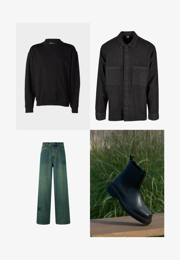Schwarzer Sweatshirt mit hohem, geripptem Kragen, langen Ärmeln und lockerer Passform. Weiche Textur mit gerippten Bündchen und Saum.; Schwarze Denim-Hemd mit Kragen, vorderen Knopfverschluss und zwei Brusttaschen. Verfügt über lange Ärmel mit geknöpften Manschetten und einer einheitlichen Textur.; Weite Jeans aus dunkelblauem Denim mit einer dezenten, verblassten Textur. Mit Gesäßtaschen und einem dekorativen Logodetail.; Schwarze Leder-Chelsea-Boots mit elastischen Seiten, runder Spitze, niedrigem Absatz und einer Lasche auf der Rückseite, vor einem verschwommenen grünen Hintergrund.