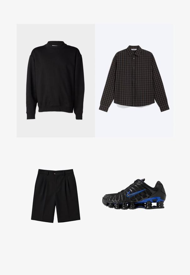 Schwarzer Sweatshirt mit hohem, geripptem Kragen, langen Ärmeln und lockerer Passform. Weiche Textur mit gerippten Bündchen und Saum.; Langärmliges schwarzes Hemd mit feinem braunem Karomuster, vorne mit Knöpfen, Kragen und einer Brusttasche.; Schwarze, maßgeschneiderte Shorts bis zum Knie mit vorderen Falten, seitlichen Taschen, Gürtelschlaufen und einem geknöpften Bund.; Schwarzer Sportschuh mit Obermaterial aus Mesh und glänzenden Akzenten. Verfügt über einen blauen Swoosh, einen gepolsterten Kragen und eine auffällige schwarze Gummisohle mit sichtbarem Dämpfungselement.