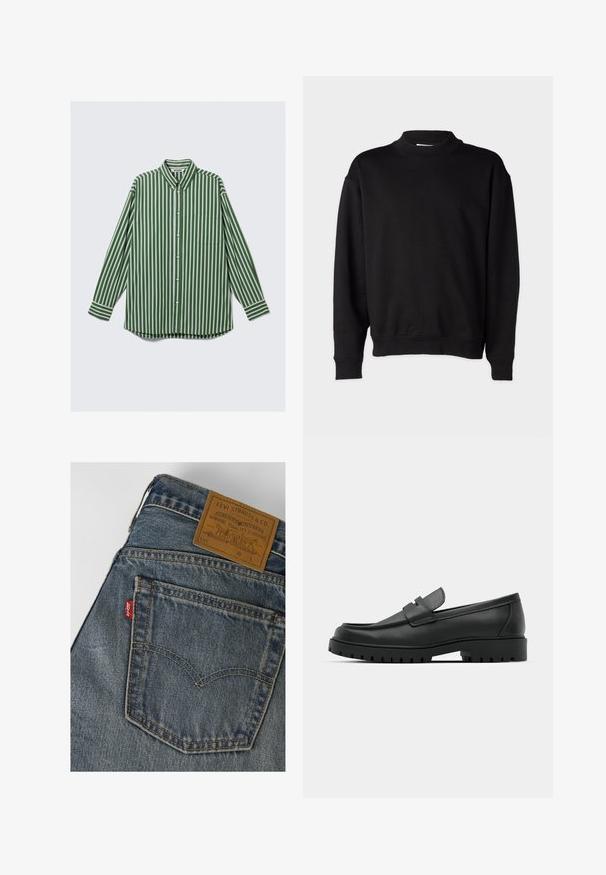 Sort sweatshirt med høj, ribbet krave, lange ærmer og en afslappet pasform. Blød tekstur med ribbede manchetter og kant.; Herre langærmet skjorte med knapper i lodrett grønne, hvide og brune striber, en forreste brystlomme og en krave, der kan knappes.; Baglomme på blå denim Levi's jeans med gul syning og et brunt lædermærke fra Levi Strauss & Co. ved linningen.; Sorte læder loafers med rund tå, der har et syet design, lav platformssål og en struktureret, skridsikker gummisål.
