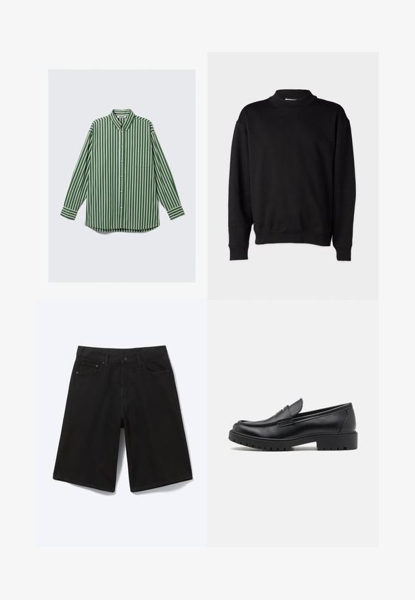 Sort sweatshirt med høj, ribbet krave, lange ærmer og en afslappet pasform. Blød tekstur med ribbede manchetter og kant.; Herre langærmet skjorte med knapper i lodrett grønne, hvide og brune striber, en forreste brystlomme og en krave, der kan knappes.; Sorte denim shorts til knæet med frontknap, bæltestropper og fem lommer, vist mod en hvid baggrund.; Sorte læder loafers med rund tå, slip-on design og tyk gummisål med tekstureret greb. Forhøjet hæl og subtile syninger.