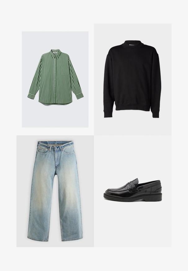 Sort sweatshirt med høj, ribbet krave, lange ærmer og en afslappet pasform. Blød tekstur med ribbede manchetter og kant.; Herre langærmet skjorte med knapper i lodrett grønne, hvide og brune striber, en forreste brystlomme og en krave, der kan knappes.; Lyseblå, vidbenede cowboybukser med en falmet finish. Har et standard fem-lomme-design og lukning med metal knap.; Sorte læder loafers med en glat finish, rund tå, lav hæl og dekorativ syning langs forsiden. Gummisål for godt greb.