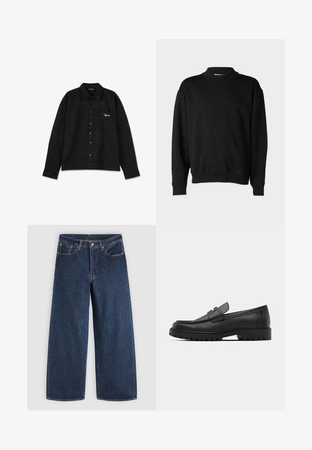 Sort sweatshirt med høj, ribbet krave, lange ærmer og en afslappet pasform. Blød tekstur med ribbede manchetter og kant.; Sort langærmet skjorte lavet af stof, med krave, knap-lukning foran, enkelt brystlomme og broderet logo i hvid på lommen.; Mørkeblå vidde jeans med forlommer, knaplukning og bæltestropper, lagt fladt på en lys baggrund.; Sorte læder loafers med rund tå, der har et syet design, lav platformssål og en struktureret, skridsikker gummisål.