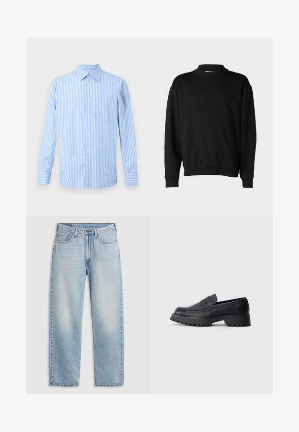 Sort sweatshirt med høj, ribbet krave, lange ærmer og en afslappet pasform. Blød tekstur med ribbede manchetter og kant.; Lyseblå og hvid stribet langærmet skjorte med knaplukning og en enkelt brystlomme. Simpel, klassisk design på en neutral baggrund.; Lyseblå lige jeans med fem lommer, metalknaplukning og falmede detaljer ved lårene og knæene, lagt fladt på hvid baggrund.; Sorte læder loafers med en rund tå, prydet med en dekorativ rem og en kraftig gummisål med dybe riller for grip.