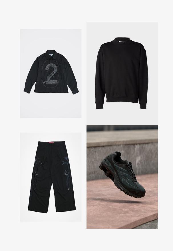 Sweatshirt noir avec un col montant côtelé, des manches longues et une coupe décontractée. Texture douce avec des poignets et un ourlet côtelés.; Chemise noire à manches longues avec boutons, ornée d'un grand numéro 6 en contour et d'un design texturé du numéro 2 en texte blanc sur le devant.; Pantalon noir à jambes larges avec un devant plissé, présentant des motifs tribaux noirs brillants sur les côtés et une ceinture rouge de marque.; Baskets athlétiques noires avec une semelle intercalaire à coussin d’air visible flottant au-dessus d’une surface en pierre rose avec un mur en pierre gris en arrière-plan.