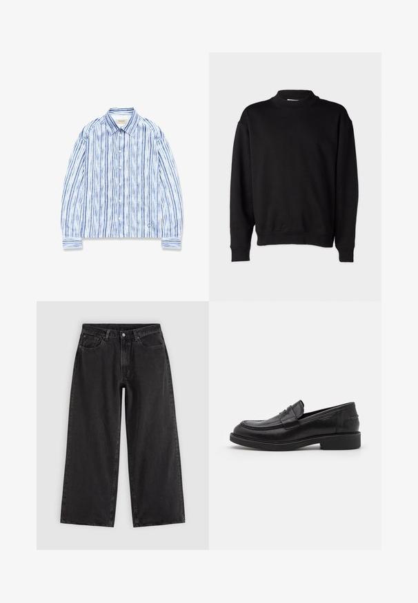 Sweatshirt noir avec un col montant côtelé, des manches longues et une coupe décontractée. Texture douce avec des poignets et un ourlet côtelés.; Chemise à manches longues boutonnée avec des rayures verticales bleues et blanches, col pointu, et petits logos près de l'ourlet sur un fond blanc.; Jean en denim noir à jambes larges avec poches avant, passants pour ceinture et fermeture par boutons, présenté sur un fond clair uni.; Mocassins en cuir noir avec un bout arrondi, des coutures ton sur ton et un détail de sangle à l'avant. Semelle en caoutchouc avec un petit talon.