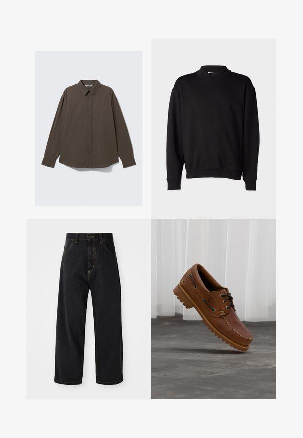 Sort sweatshirt med høj, ribbet krave, lange ærmer og en afslappet pasform. Blød tekstur med ribbede manchetter og kant.; Brun ternet skjorte med knapper, krave, lange ærmer og lige snit. Fremstillet af let stof med en blød tekstur.; Sorte denim jeans med vide ben og høj talje, frontknap, lynlås samt gule syninger på lommer og sømme.; Brun læder bådsko med sorte snørebånd, beige syninger og en robust sål, hængende over en grå betongulv.