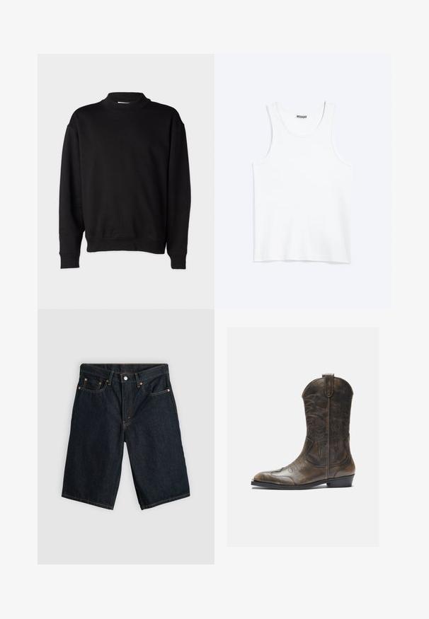 Sort sweatshirt med høj, ribbet krave, lange ærmer og en afslappet pasform. Blød tekstur med ribbede manchetter og kant.; Hvid ærmeløs tanktop med rund halsudskæring og Weekday-mærke på den indvendige baghals, vist fladt på lys baggrund.; Mørkeblå denim knæshorts med frontknap, lynlås og fem lommer, lagt fladt på en lysegrå baggrund.; Brune læder cowboystøvle med en høj skaft, spids tå, intrikate syning mønstre og en lille hæl. Struktureret finish hele vejen igennem.